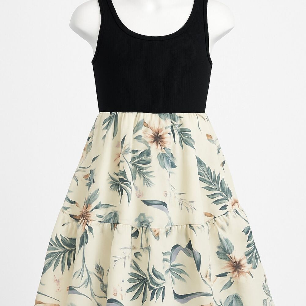 Girls Size 6/7 Tropical Floral Tiered Dress Black Bodice Sleeveless NWOT